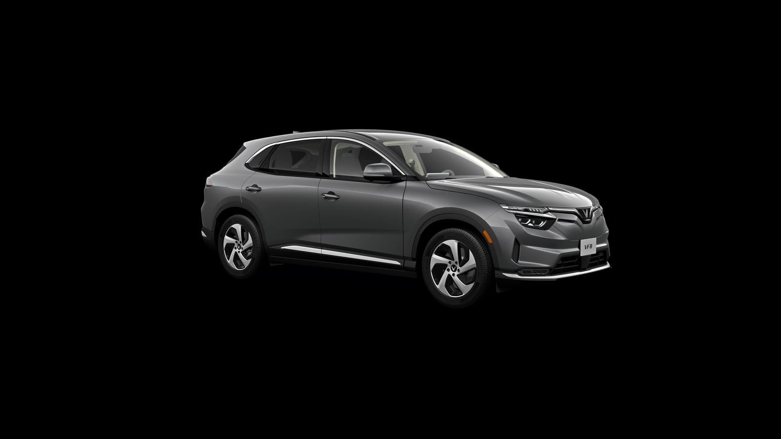 VinFast VF 8 in Neptune Grey, front three-quarter view from the right
