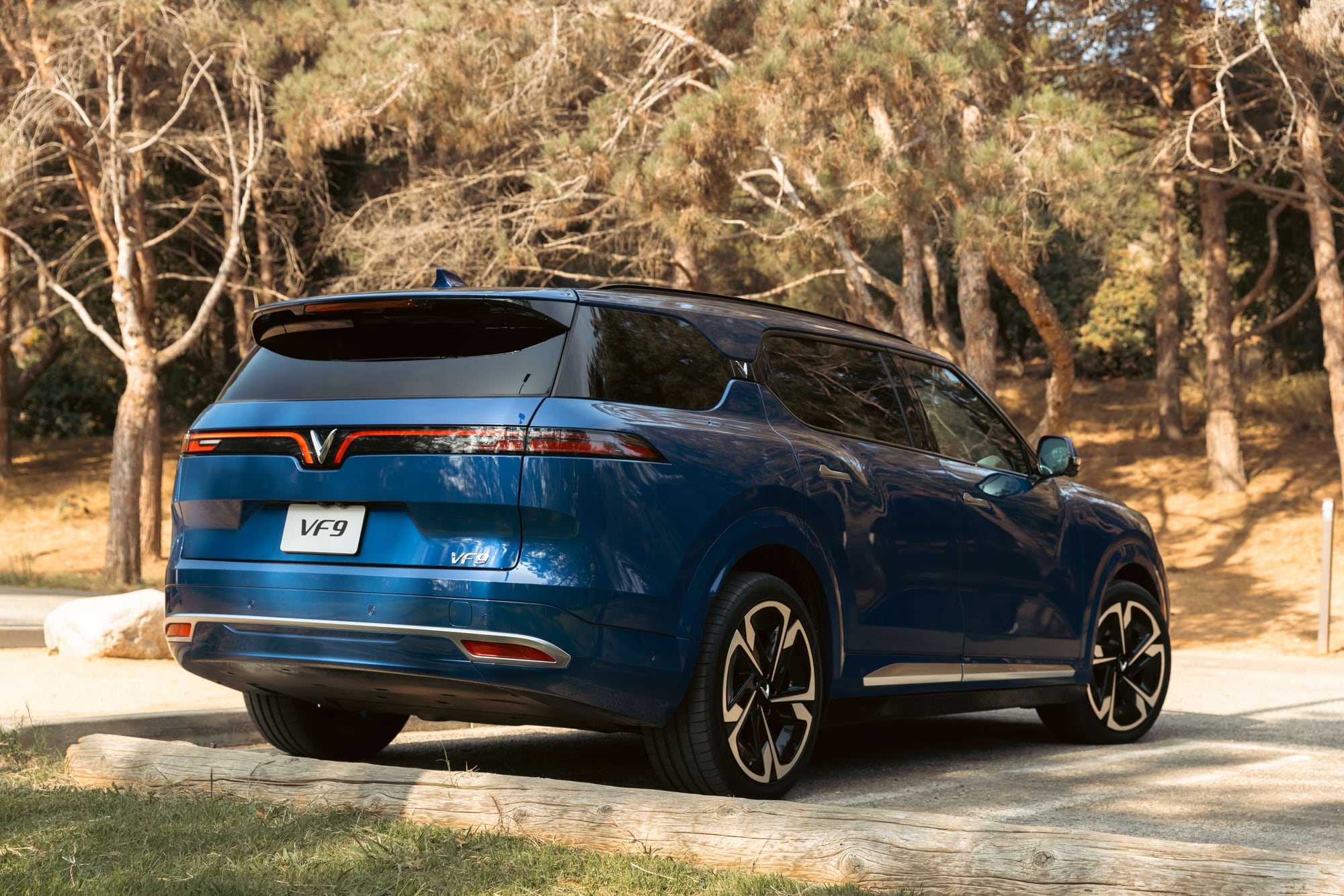 VinFast VF 9 in blue, rear three-quarter view showing the rear light bar and liftgate