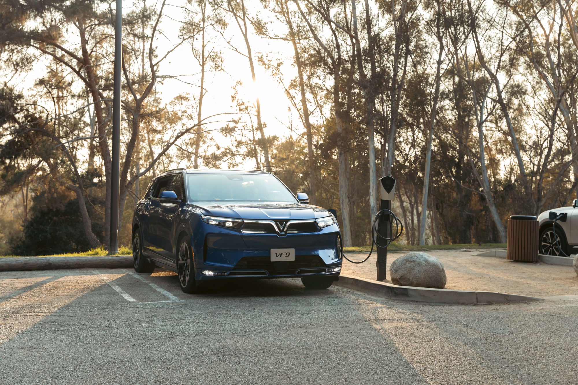VinFast VF 9 in blue parked at a charging station in a tree-lined park, charging cable connected